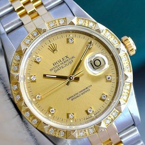 ROLEX MENS DATEJUST WATCH GOLD STEEL FACTORY DIAMOND DIAL DIAMOND BEZEL 36MM